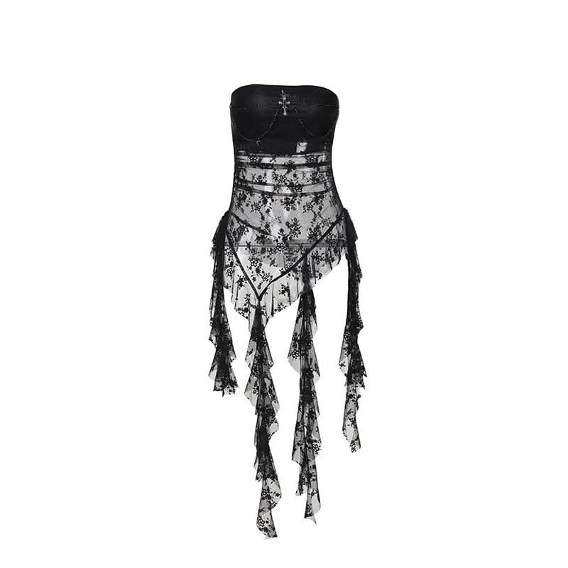 Lace cross applique irregular tube mini dress