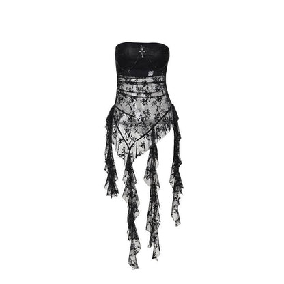Lace cross applique irregular tube mini dress