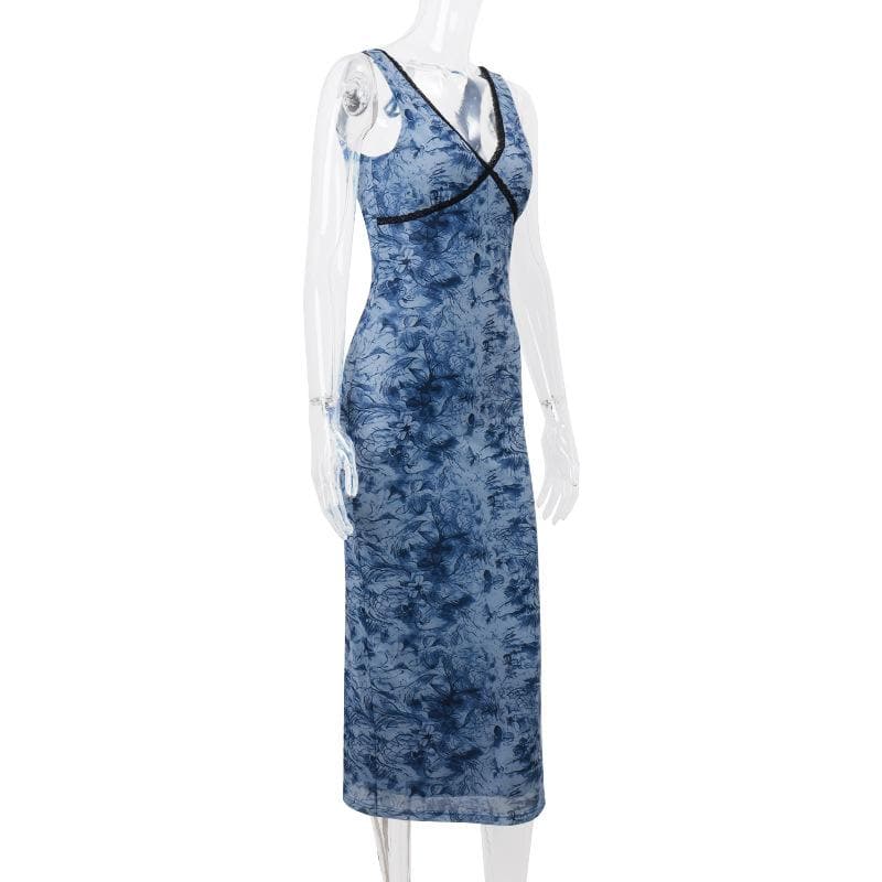 V neck lace hem print mesh knotted midi dress