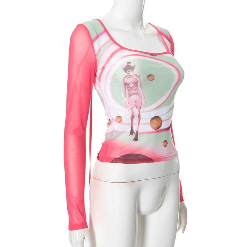 Square neck long sleeve cross back self tie print top