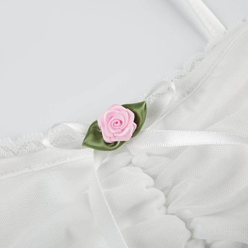 Flower applique ribbon ruched lace hem cami top