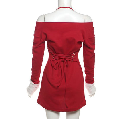 Halter long sleeve off shoulder fluffy mini dress