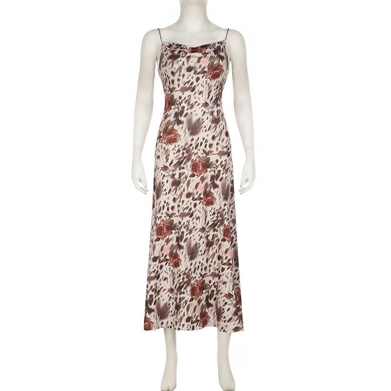 Cowl neck print backless cami midi dress