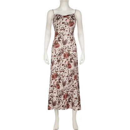 Cowl neck print backless cami midi dress