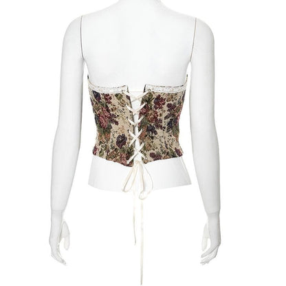 Lace hem bowknot ribbon textured lace up tube top