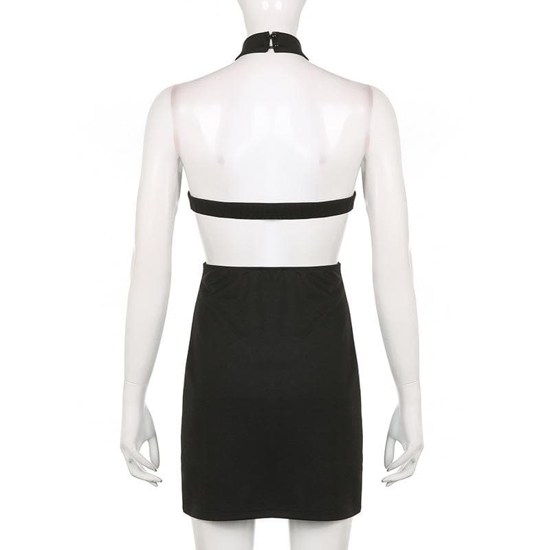 Sleeveless solid halter hollow out backless button cut out mini dress