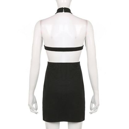 Sleeveless solid halter hollow out backless button cut out mini dress