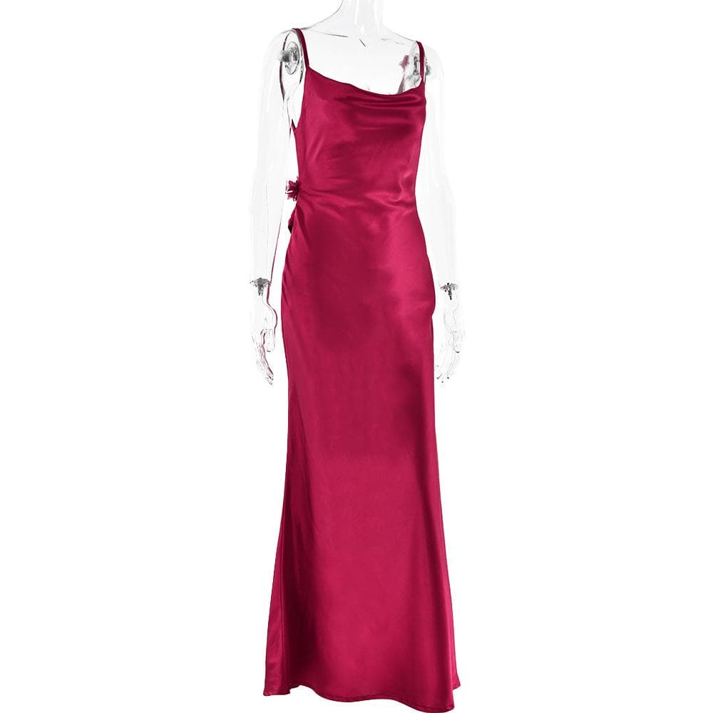 Cowl neck satin flower applique backless cami maxi dress