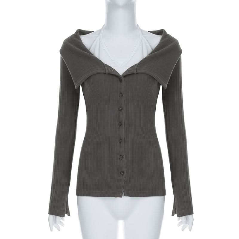 Long sleeve turnover collar halter button 2 piece top
