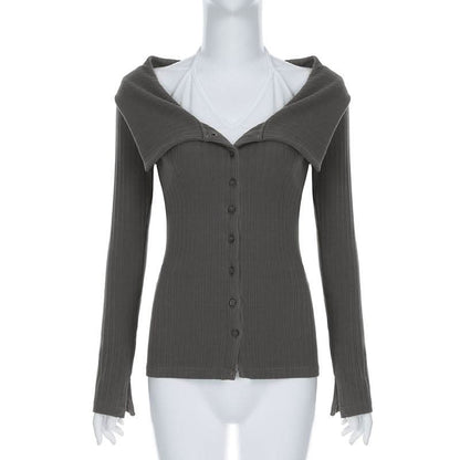 Long sleeve turnover collar halter button 2 piece top
