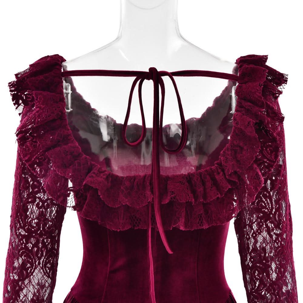 Long sleeve lace velvet self tie mini dress
