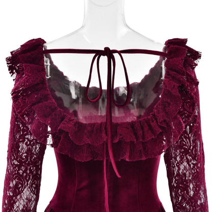Long sleeve lace velvet self tie mini dress