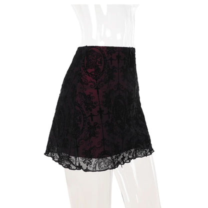 Print mesh bowknot ruffle mini skirt