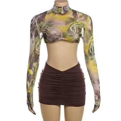 High neck long sleeve flower print crop mini skirt set