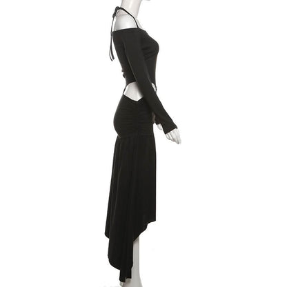 Halter long sleeve off shoulder hollow out cut out maxi dress