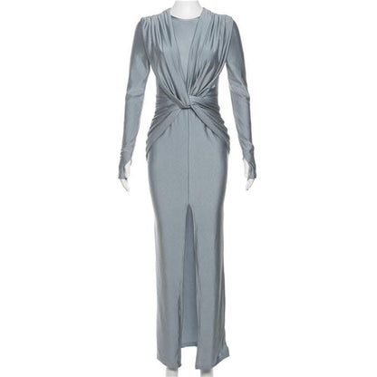 Knotted slit solid long sleeve ruched maxi dress-final-sale