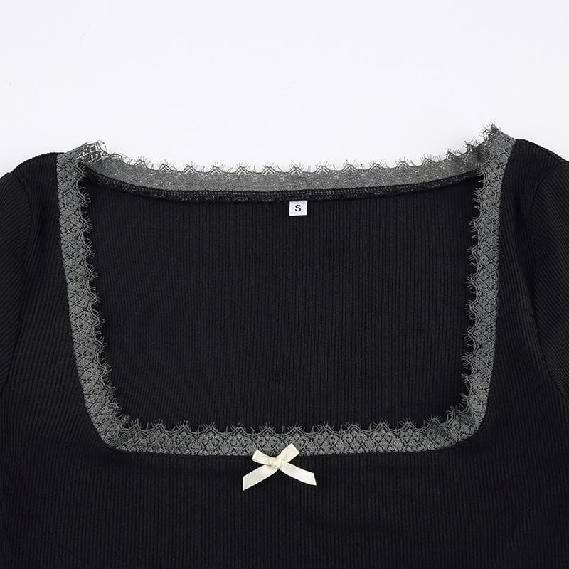 Short sleeve halter lace hem bowknot ribbed 2 piece top