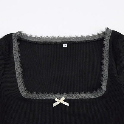 Short sleeve halter lace hem bowknot ribbed 2 piece top