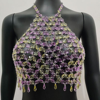 Halter hollow out crystal beaded crop cut out top