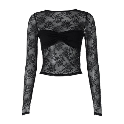 Long sleeve lace see through crewneck ruched top