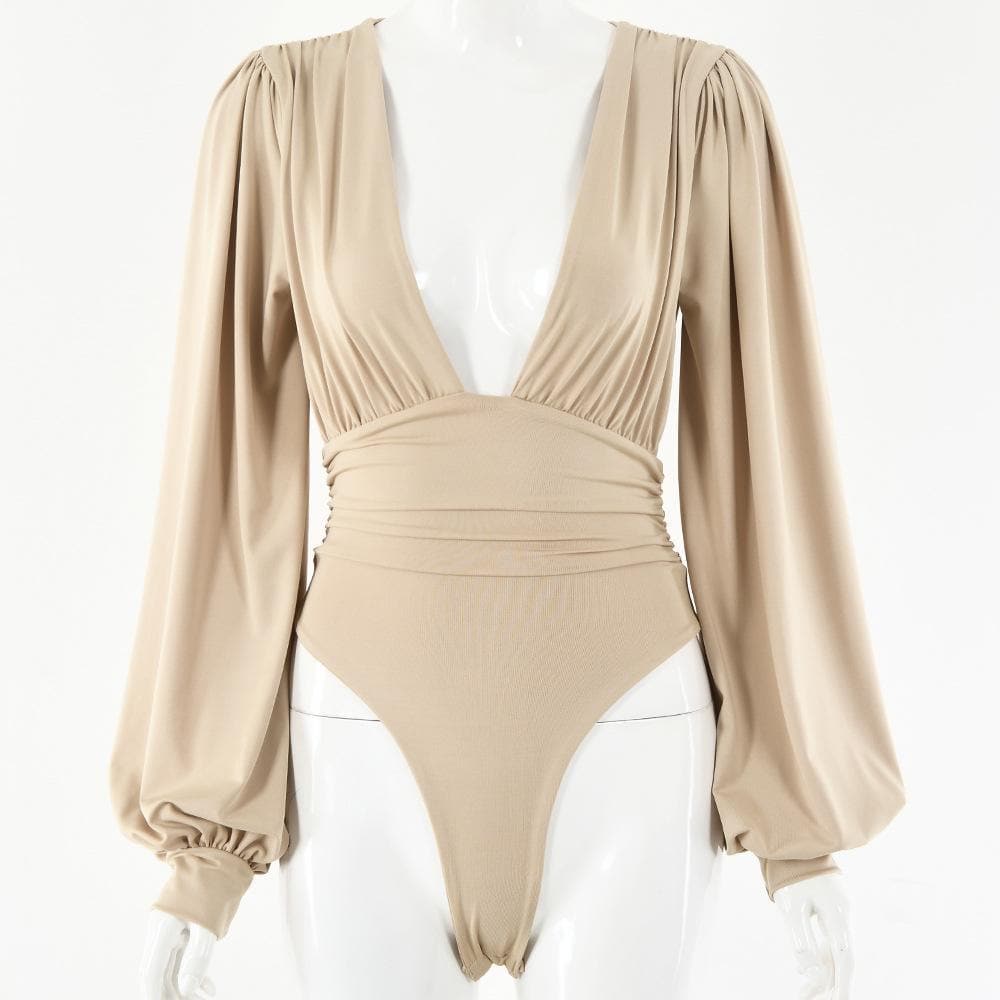 Halibuy Double layered deep v neck ruched solid bodysuit - Final Sale