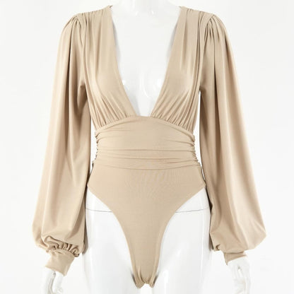 Halibuy Double layered deep v neck ruched solid bodysuit - Final Sale
