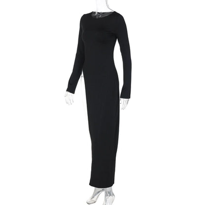 Long sleeve round neck slit solid maxi dress