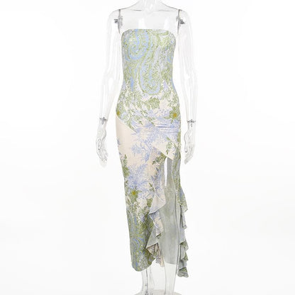 Strapless Floral Paisley Print Ruffle Slit Tube Maxi Dress