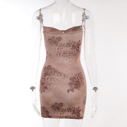 Leopard print sweetheart neck backless cami mini dress