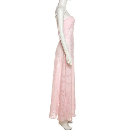 Square Neck Floral Jacquard Burnout Spaghetti Strap Backless Maxi Dress