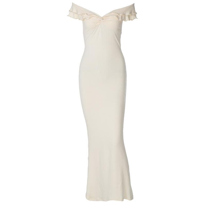 Short sleeve off shoulder ruffle ruched maxi dress