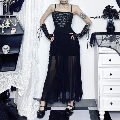 Mesh slit letter print ruffle cami maxi dress