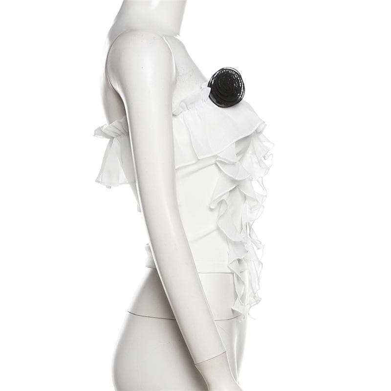 Rose applique ruffle ruched tube top