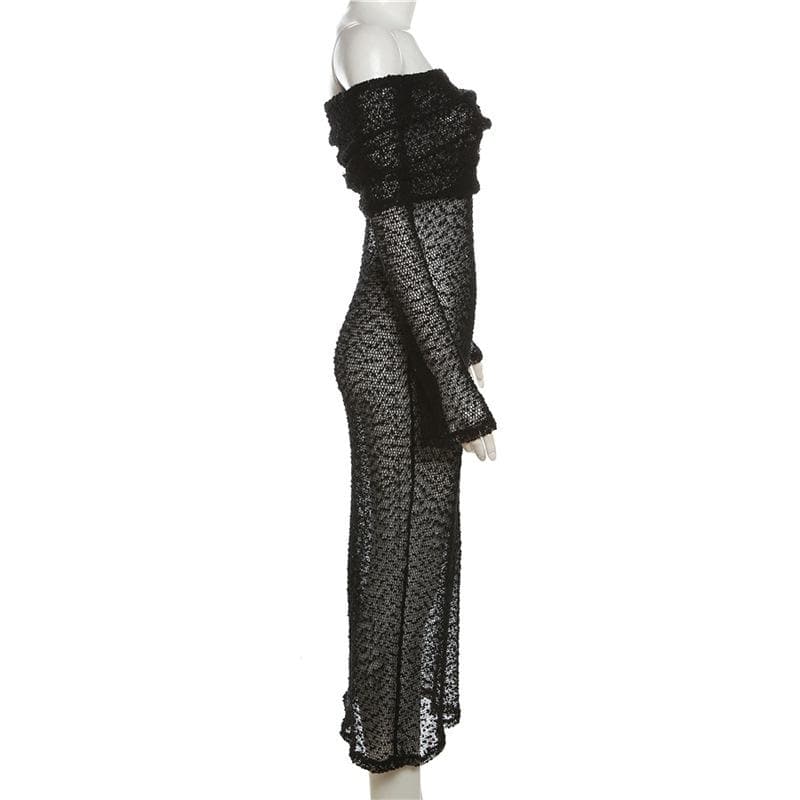 Off Shoulder Crochet Mesh Long Sleeve Bodycon Maxi Dress