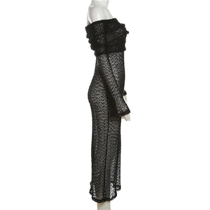 Off Shoulder Crochet Mesh Long Sleeve Bodycon Maxi Dress