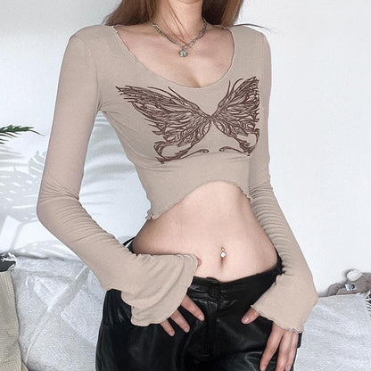 Butterfly pattern ruffle long sleeve contrast crop top