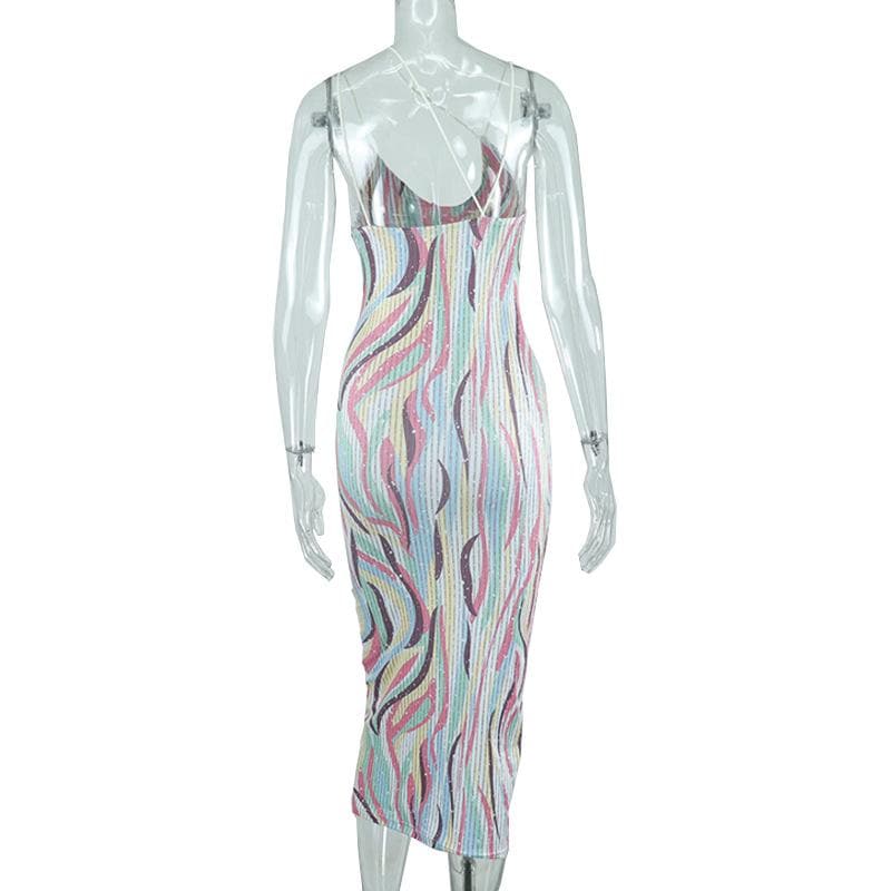 Spaghetti Strap Crossover Strap Abstract Pinstripe Print Bodycon Midi Dress