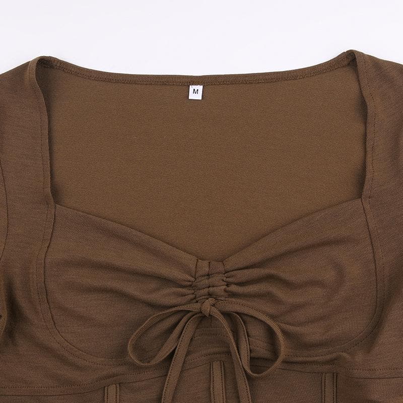 Long flared sleeve drawstring ruched lace top