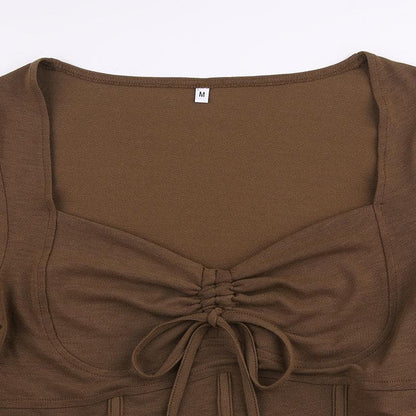 Long flared sleeve drawstring ruched lace top