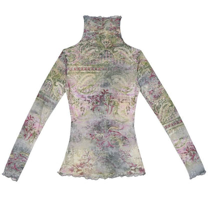 High neck long sleeve print ruffle contrast top