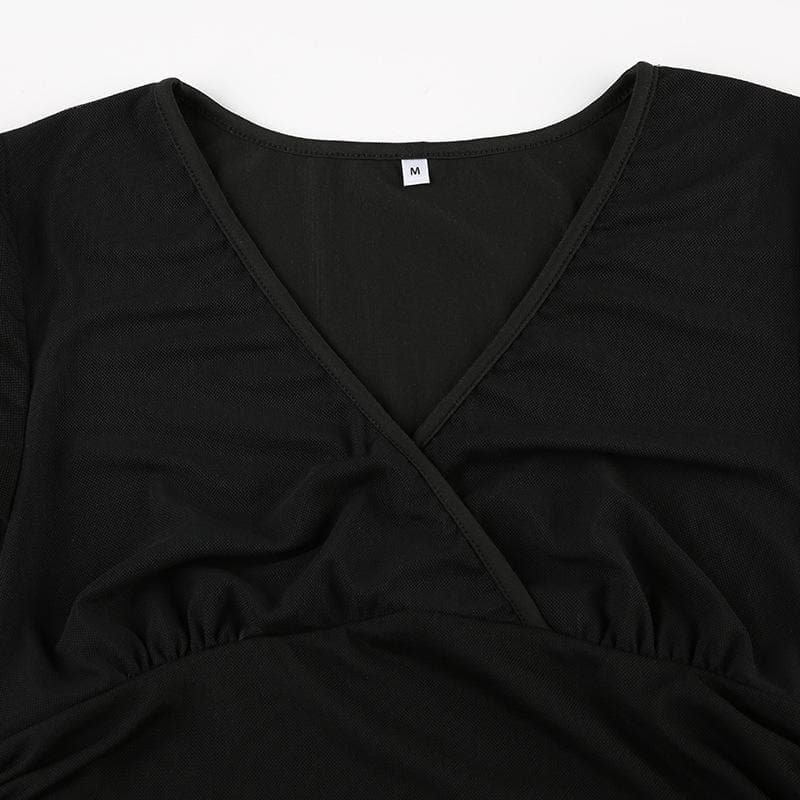 Short sleeve v neck mesh ruched solid top
