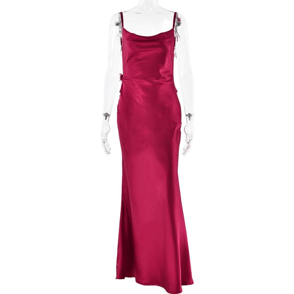 Cowl neck satin flower applique backless cami maxi dress