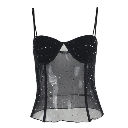 Sweetheart neck ruffle glitter backless stitch mesh cami top