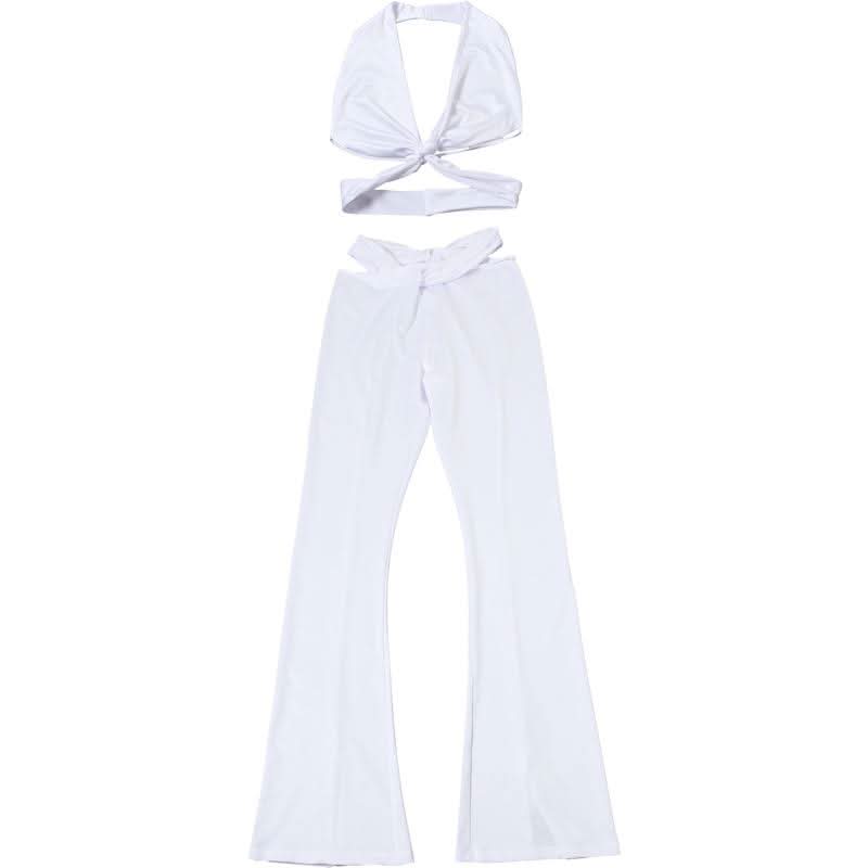 Halter v neck cross front backless hollow out pant set