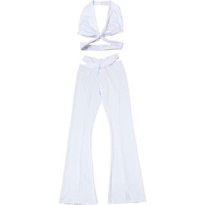 Halter v neck cross front backless hollow out pant set