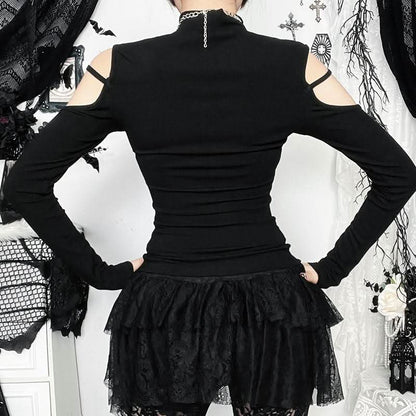 High neck long sleeve hollow out cross metal cut out top
