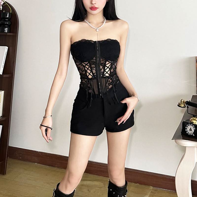 Lace hollow out lace up button tube cut out top