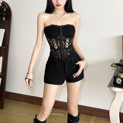 Lace hollow out lace up button tube cut out top