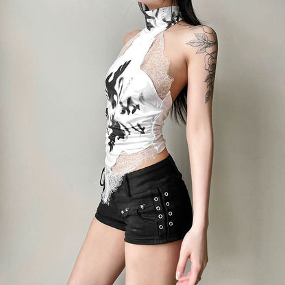 Halter button lace hem print backless top