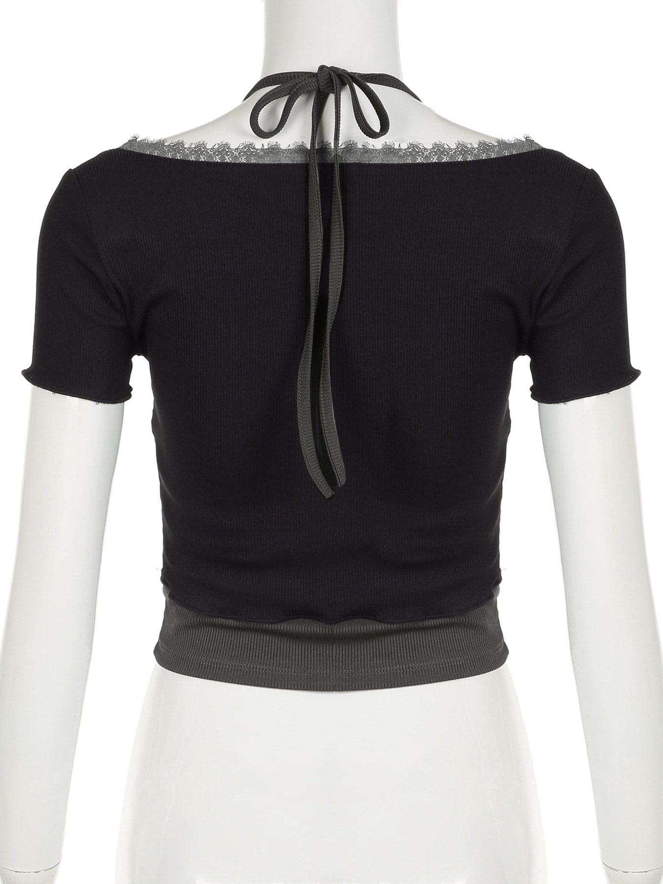 Short sleeve halter lace hem bowknot ribbed 2 piece top